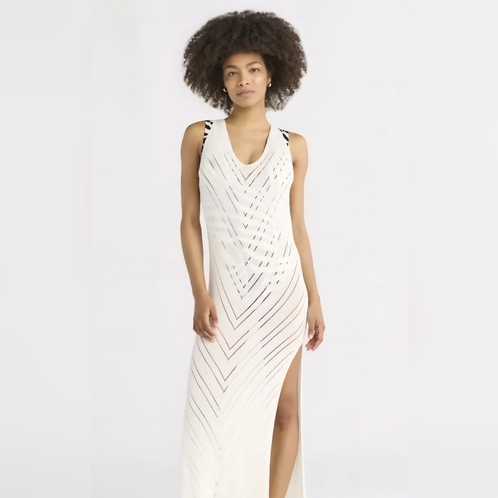 NWT! Elegant White Sweater Knit Sheer Maxi Dress Coverup - Picture 5 of 11
